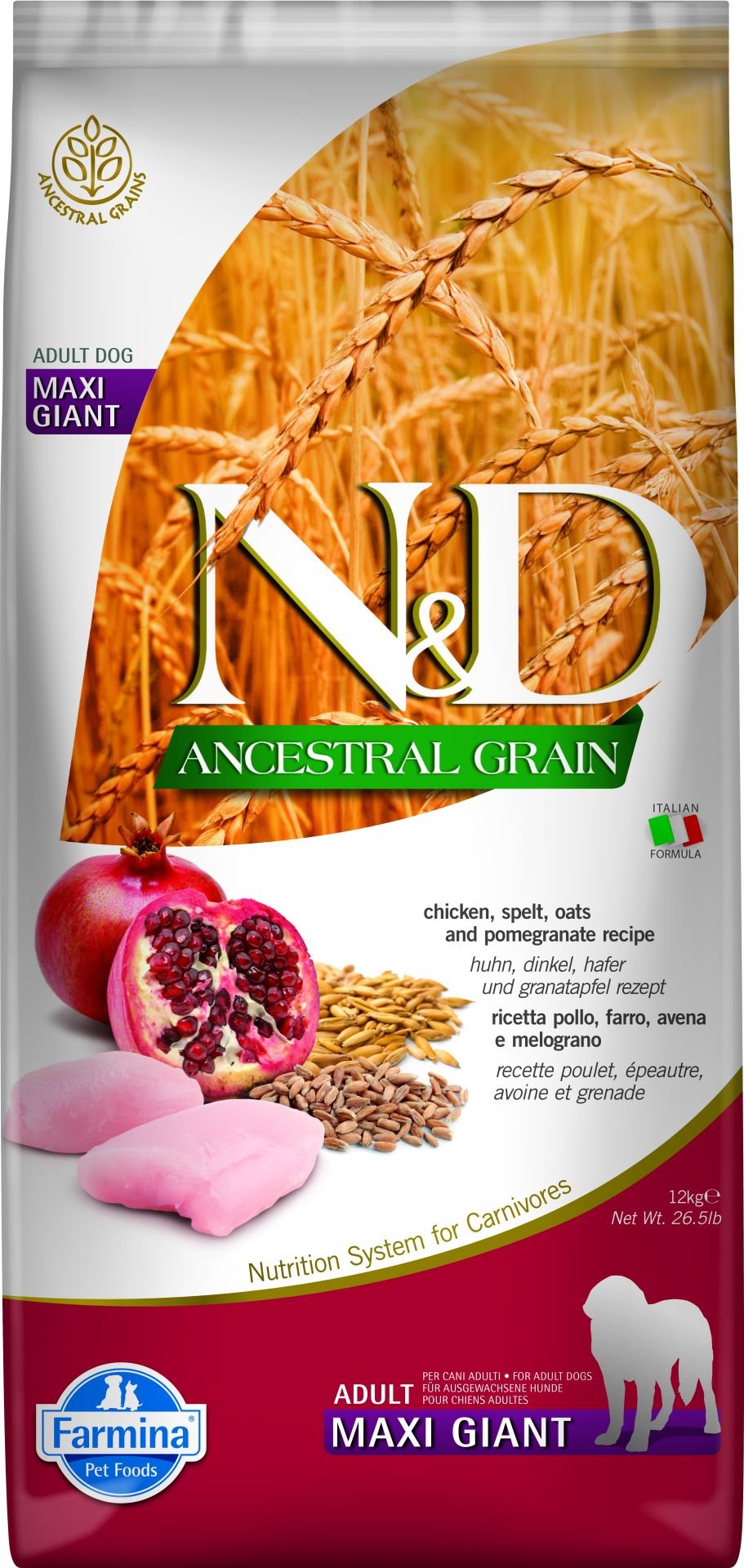 N&D Ancestral Grain Tavuk Etli ve Narlı Dev Irk Düşük Tahıllı Yetişkin Köpek Maması 12 Kg