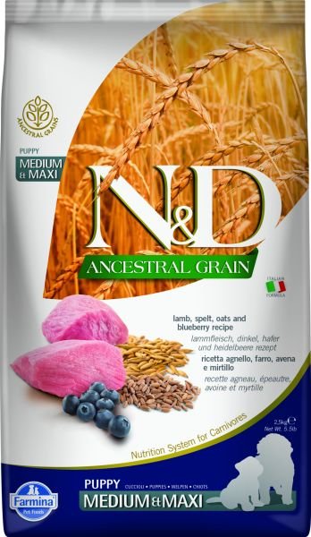 N&D Ancestral Grain Kuzu Etli Yaban Mersinli Orta ve Büyük Irk Düşük Tahıllı Yavru Köpek Maması 2,5 Kg