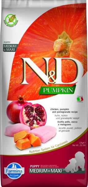 N&D Pumpkin Bal Kabaklı Tavuk Etli ve Narlı Orta ve Büyük Irk Tahılsız Yavru Köpek Maması 12 Kg