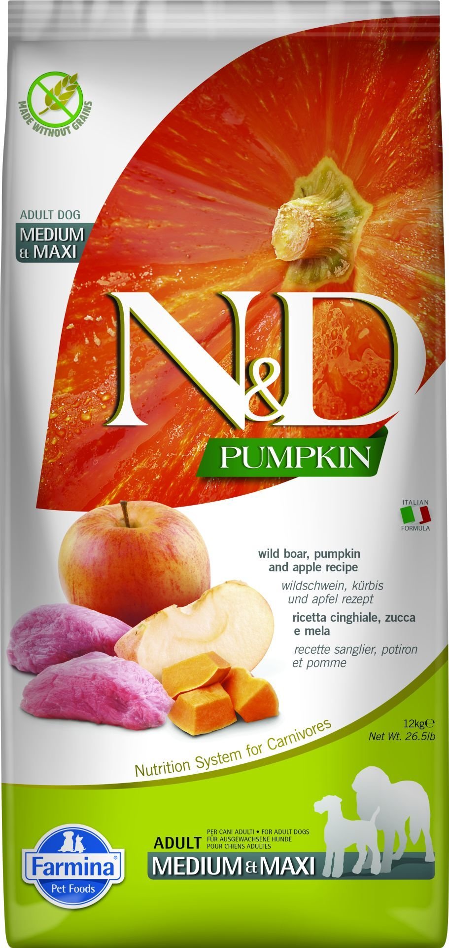 N&D Pumpkin Bal Kabaklı Yaban Domuzlu Elmalı Orta ve Büyük Irk Tahılsız Yetişkin Köpek Maması 12 Kg