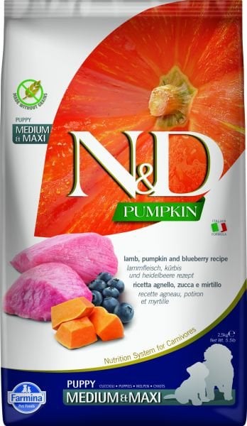 N&D Pumpkin Bal Kabaklı Kuzulu ve Yaban Mersinli Orta ve Büyük Irk Tahılsız Yavru Köpek Maması 2,5 Kg