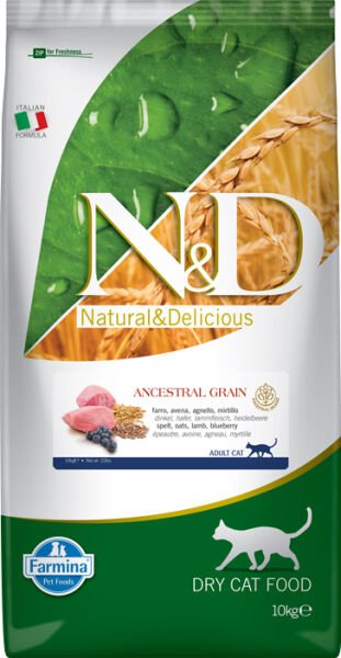N&D Ancestral Grain Kuzu Etli ve Yaban Mersinli Düşük Tahıllı Yetişkin Kedi Maması 10 Kg