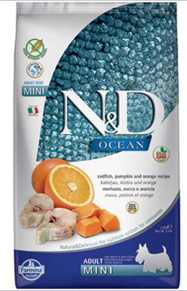 N&D Ocean Tahılsız Morina Balığı Balkabağı ve Portakallı Küçük Irk Yetişkin Köpek Maması 7 Kg