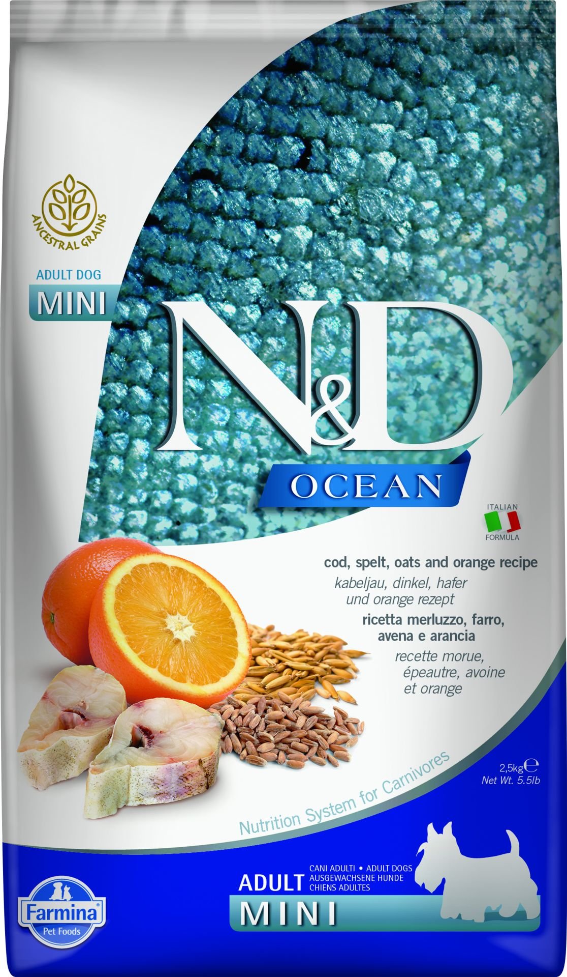 N&D Ocean Morina Balıklı Portakallı Küçük Irk Düşük Tahıllı Yetişkin Köpek Maması 2,5 Kg