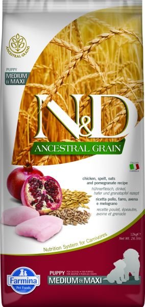 N&D Ancestral Grain Tavuk Etli ve Narlı Orta ve Büyük Irk Düşük Tahıllı Yavru Köpek Maması 12 Kg