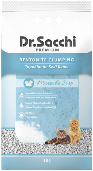 Dr. Sacchi Premium Süper Topaklanan İnce Taneli Marsilya Sabunu Kokulu Bentonit Kedi Kumu 10 Lt