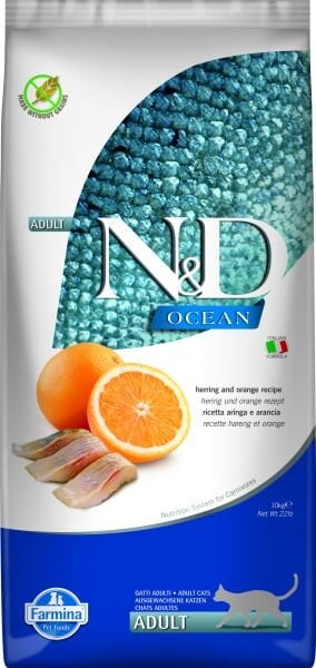 N&D Ocean Ringa Balıklı ve Portakallı Tahılsız Yetişkin Kedi Maması 10 Kg