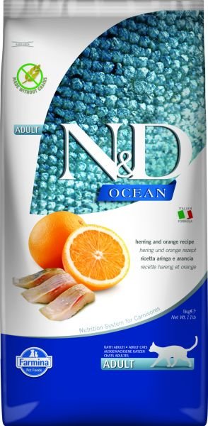N&D Ocean Ringa Balıklı ve Portakallı Tahılsız Yetişkin Kedi Maması 5 Kg